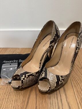 Alexandre Birman Beige and Brown Snakeskin Peep-Toe Pumps